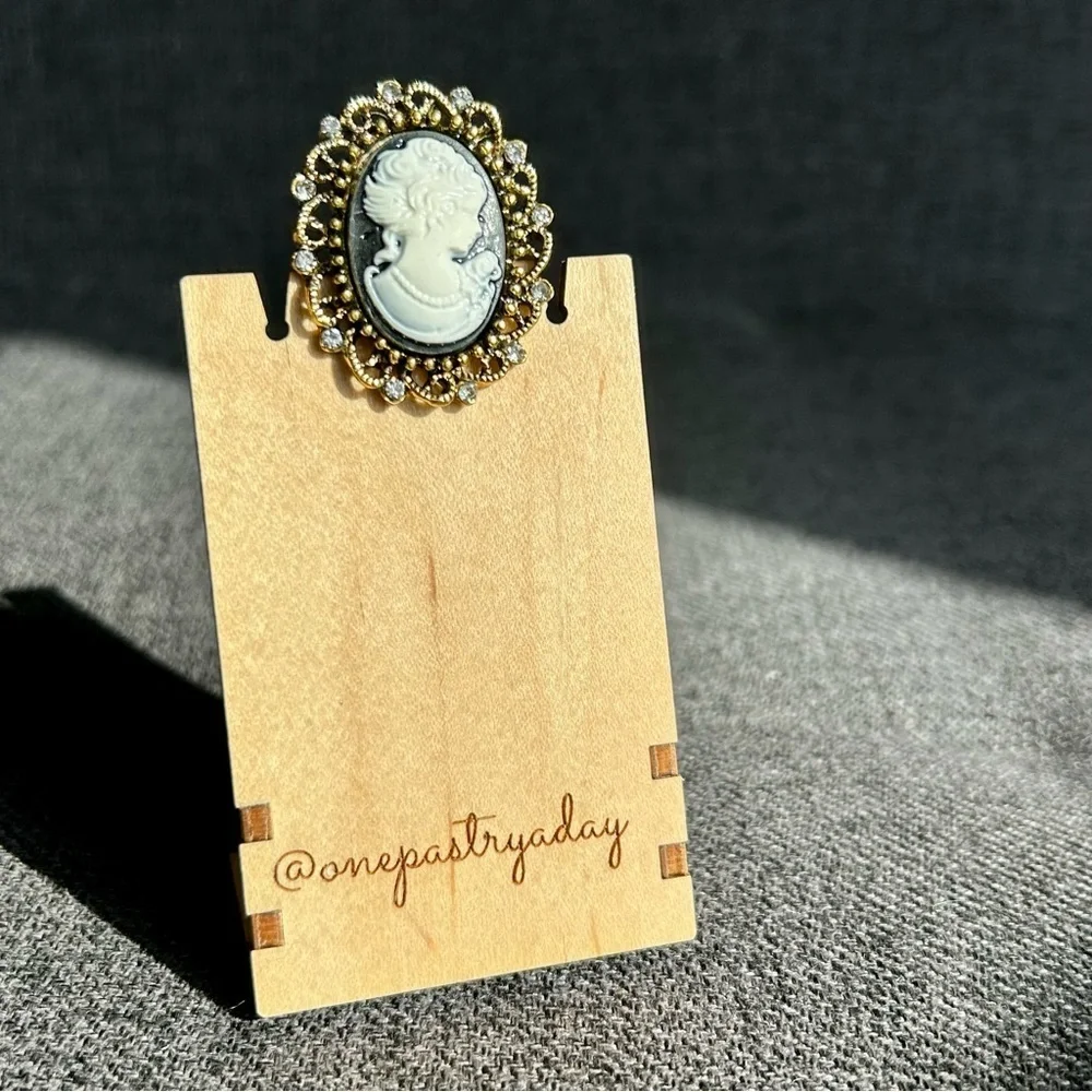 Sparkly Cameo Brooch Pin, Rhinestone Filigree Edging Detail, Black, White, Gold
